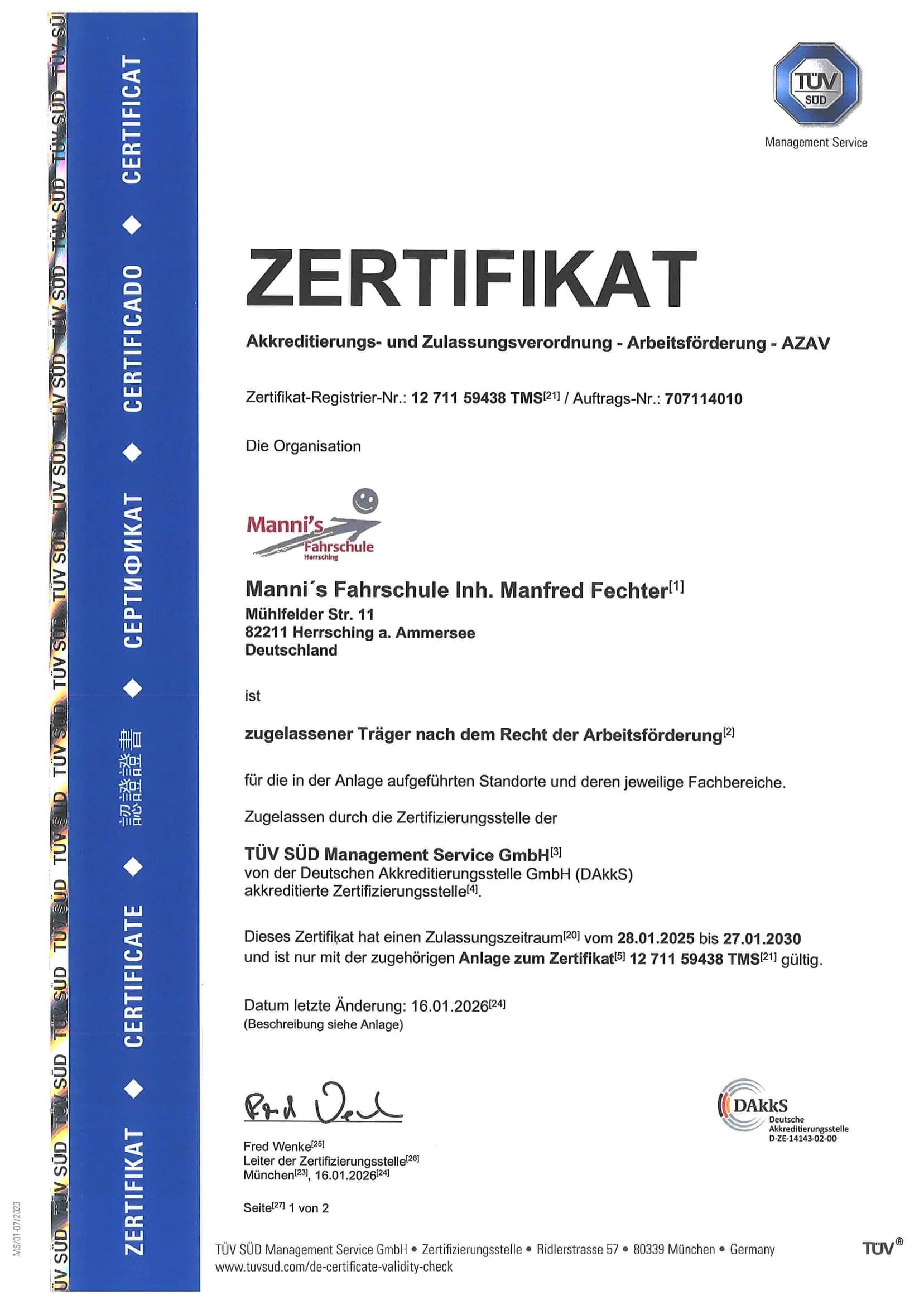 Seite 1 des AZAV-Trägerzertifikats von Manni's Fahrschule