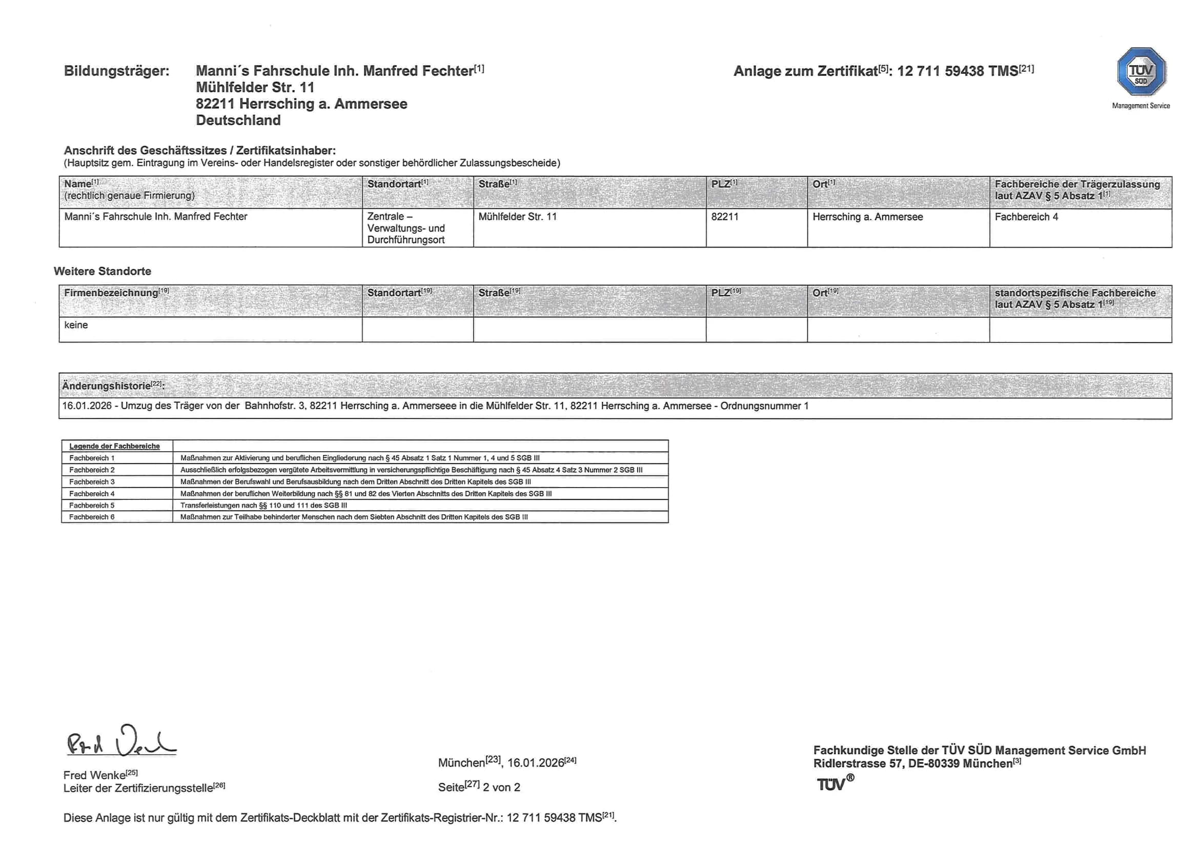 Seite 2 des AZAV-Trägerzertifikats mit Standort Herrsching und Fachbereich 4